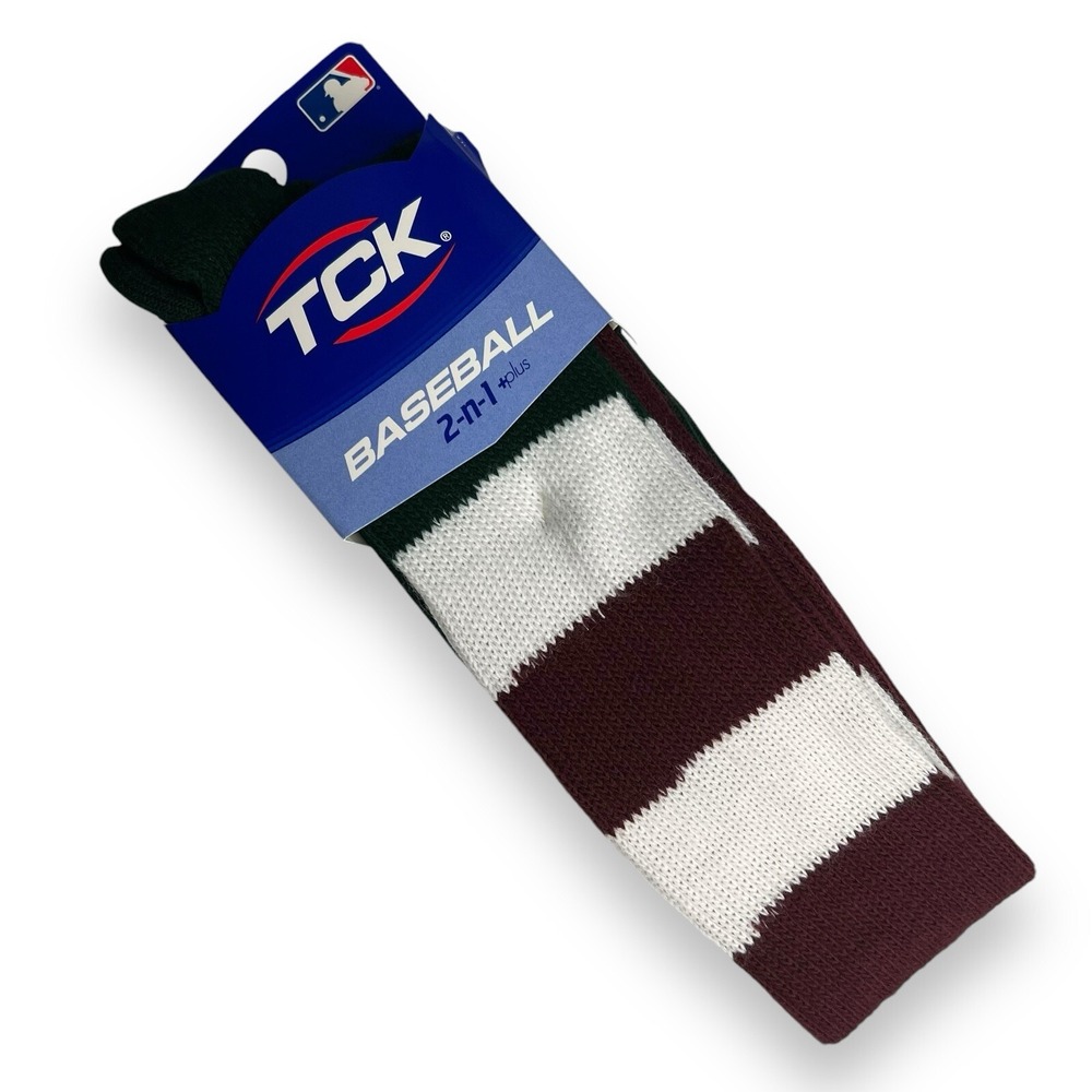TCK Baseball 2-n-1 Plus Stirrup Socks Dark Green Maroon White Striped Large R12